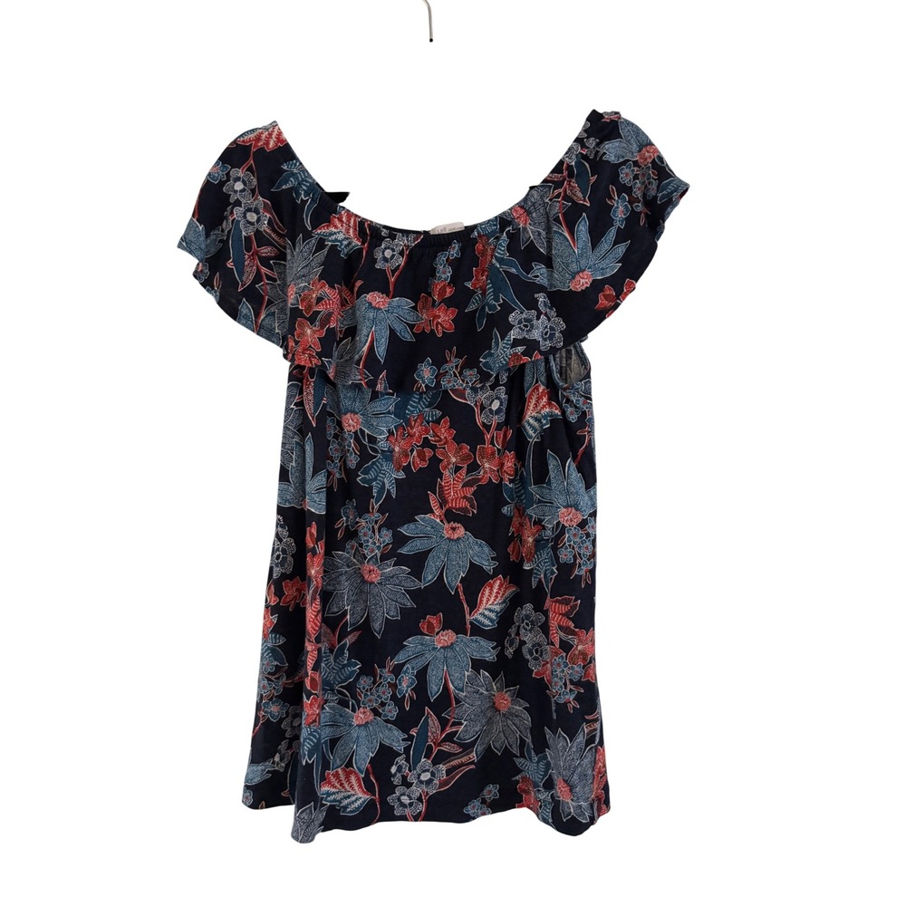 J. Jill Love Linen Navy Blue Floral Off The Shoulder Ruffle Top Medium RN 97641